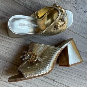 Karl Lagerfeld Shayla Metallic Gold Chunky Heeled Slide Sandal Chain Detail 7.5